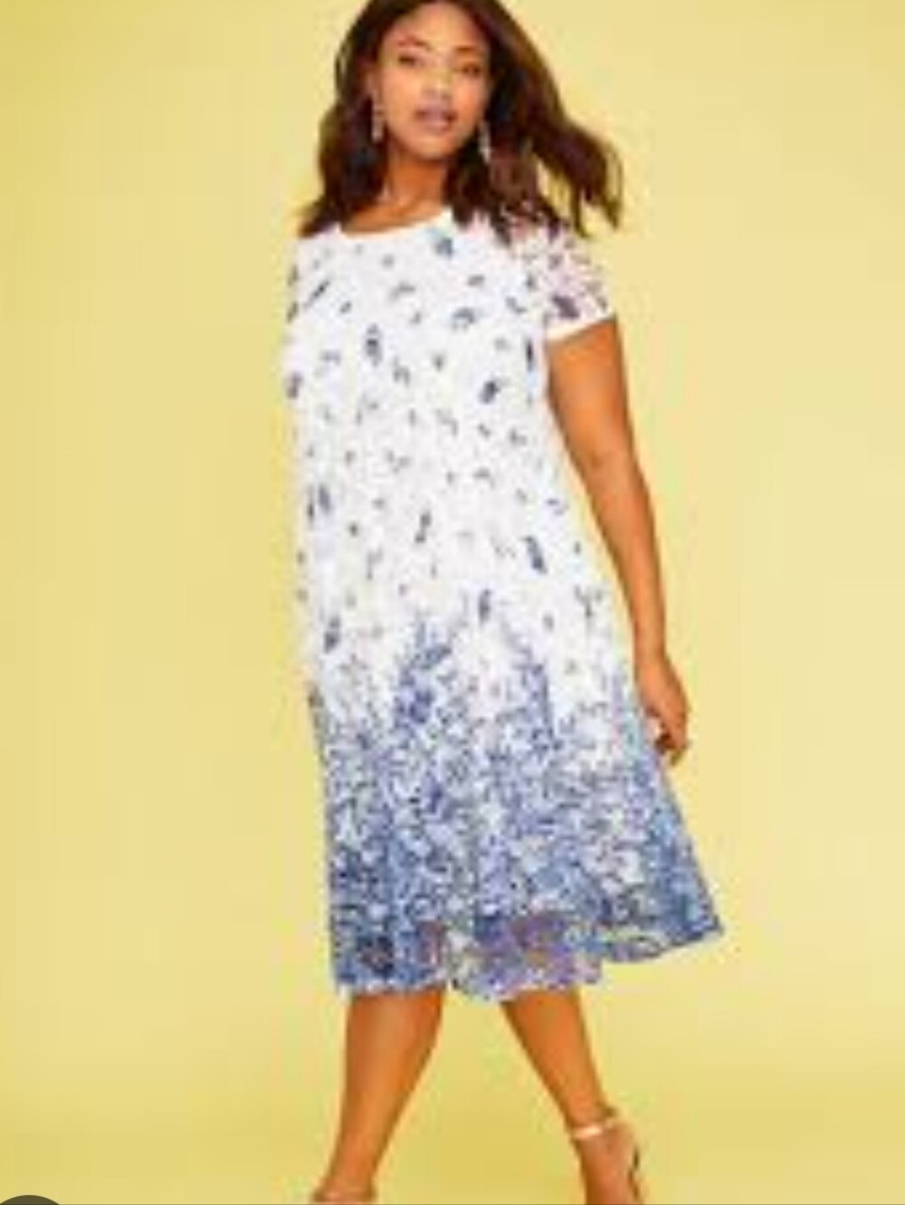 Lane Bryant Printed White and Blue Lace Overlay Swing Short Sleeve Dress
